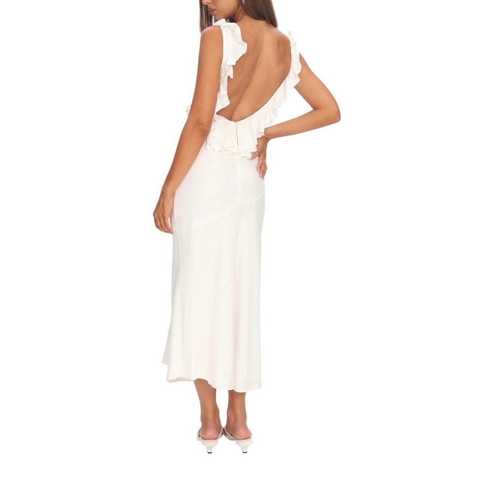 Selfie Leslie Midi Dress Womens Medium White Ruffle Open Back Side Slit V-Neck - Picture 3 of 11